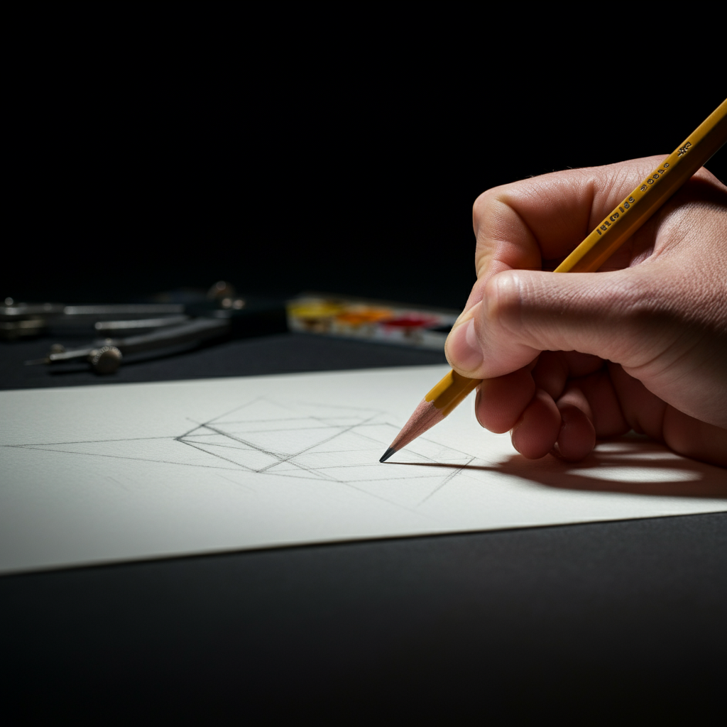 Close-up shot of a hand sketching geometric shapes on watercolor paper with a pencil. A ruler and a compass are visible in the background, slightly out of focus.