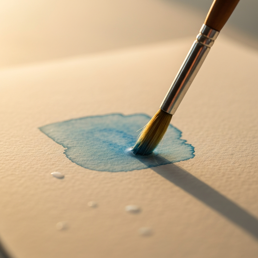 A watercolor brush applying a light blue wash to a section of watercolor paper. The paper is slightly damp, and the colors are soft and muted. Golden hour lighting creates a warm, inviting atmosphere.