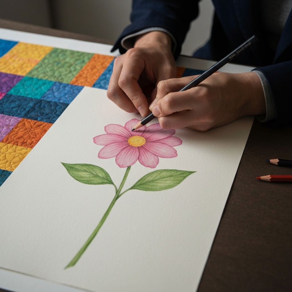A person's hands using colored pencils to add details to a drawing of a flower on watercolor paper. The drawing is part of a larger quilt pattern, and other colorful patches are visible in the background.