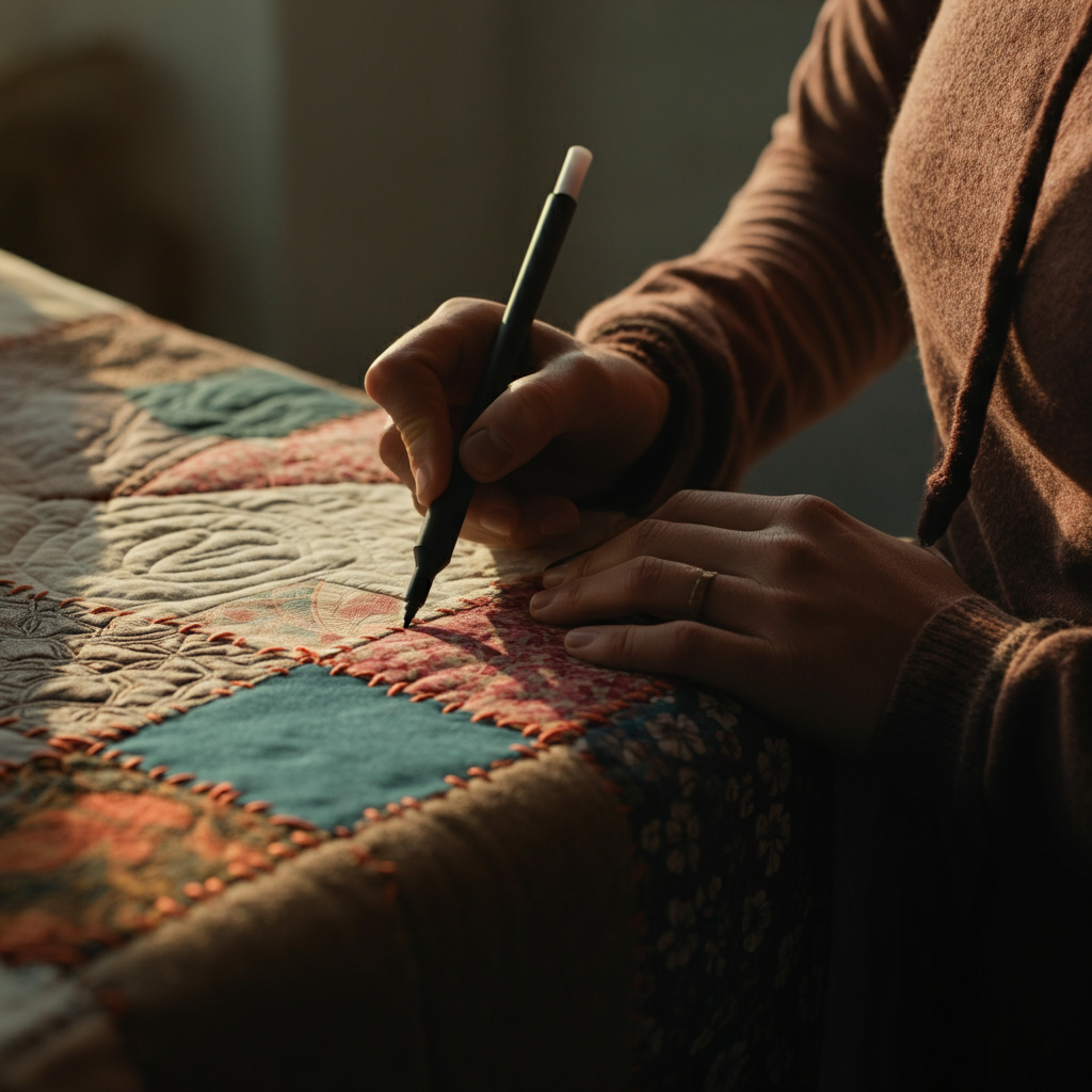Close-up of a hand drawing a line of small, dashed stitches along the edge of a quilt patch with a black fine-liner pen. The surrounding patches are filled with colorful designs.