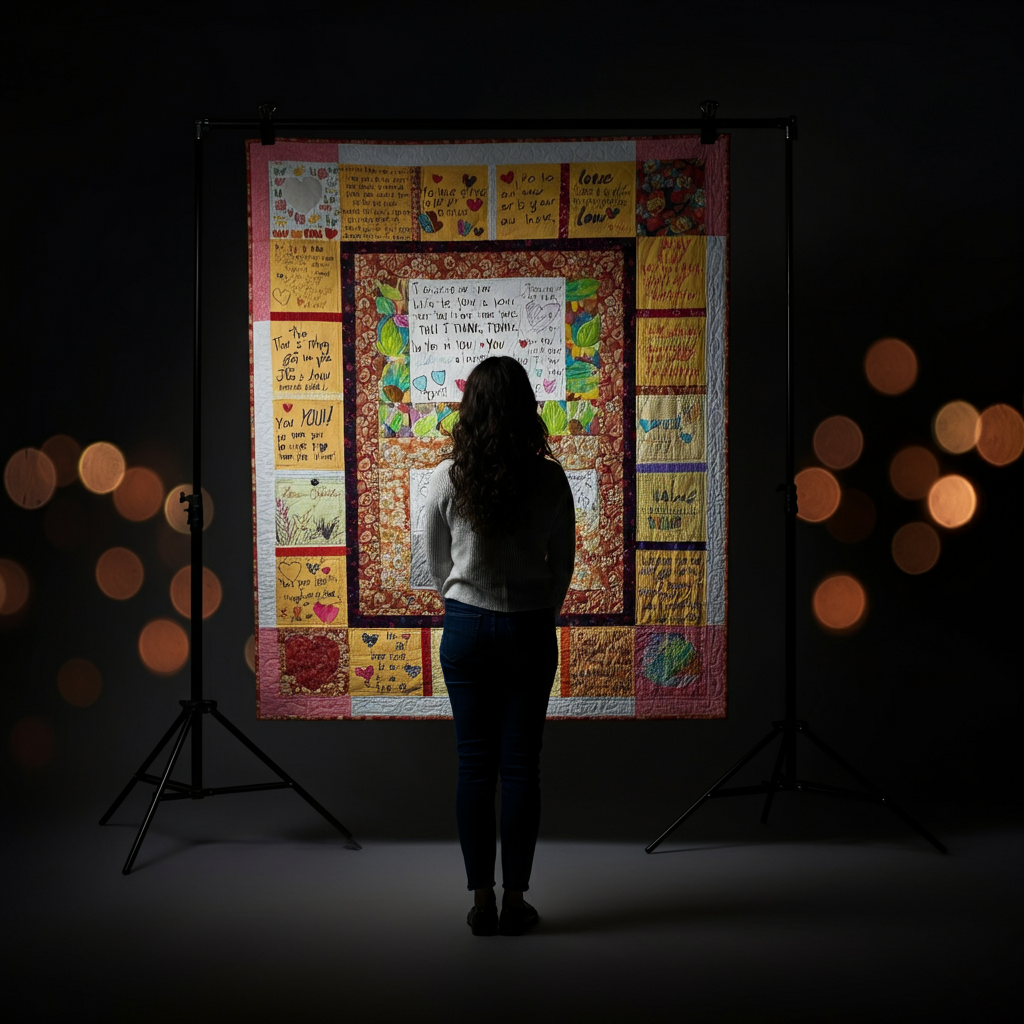 A person standing back and admiring a completed Thankfulness Quilt. The quilt is vibrant and colorful, filled with drawings and words expressing gratitude. Soft bokeh effect in the background.