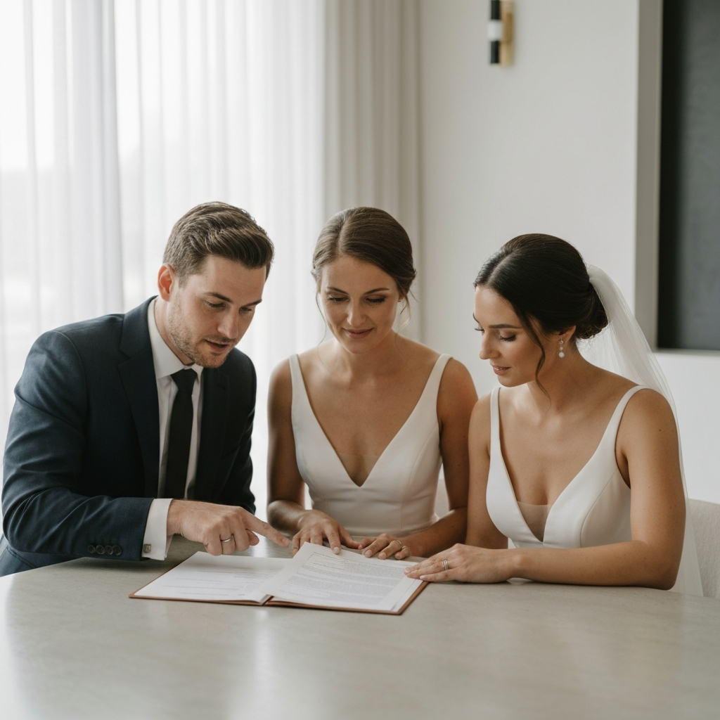 A bride and groom sitting at a table, reviewing documents with a wedding planner. The planner points to a specific section on a contract. Natural daylight fills the room, highlighting the texture of the paper.