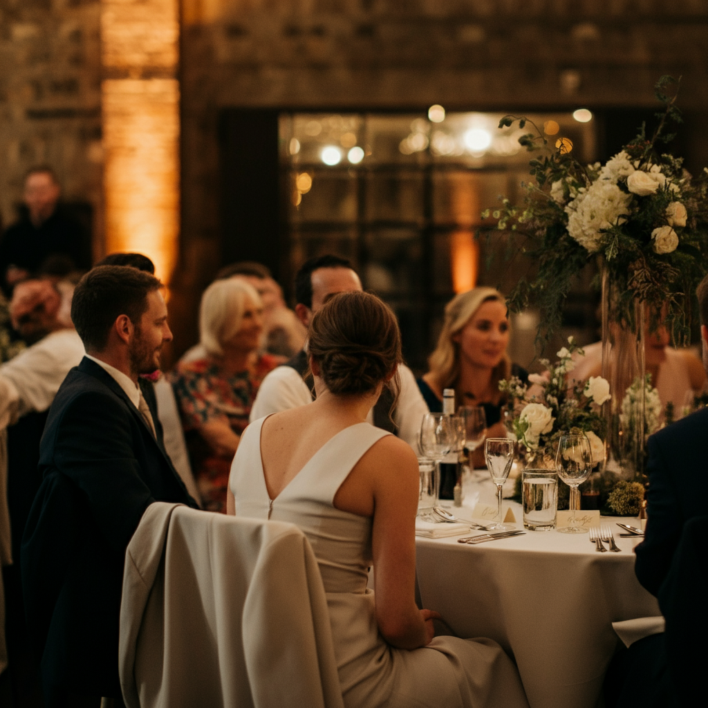 A wide shot of a wedding reception with guests seated at elegantly decorated tables. Soft, warm lighting creates a welcoming atmosphere. Focus on the diverse range of guests and their interactions.