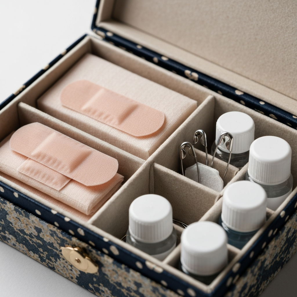 A close-up shot of a well-organized emergency kit containing various items, such as band-aids, safety pins, and small bottles of stain remover. The kit is neatly arranged in a decorative box. Shallow depth of field.