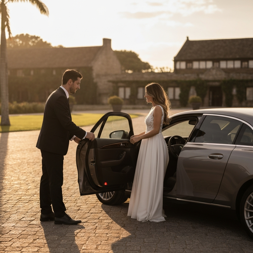 A chauffeur opening the door of a luxury car for a bride in her wedding dress. The car is parked in front of a picturesque venue. Golden hour lighting, with long shadows.