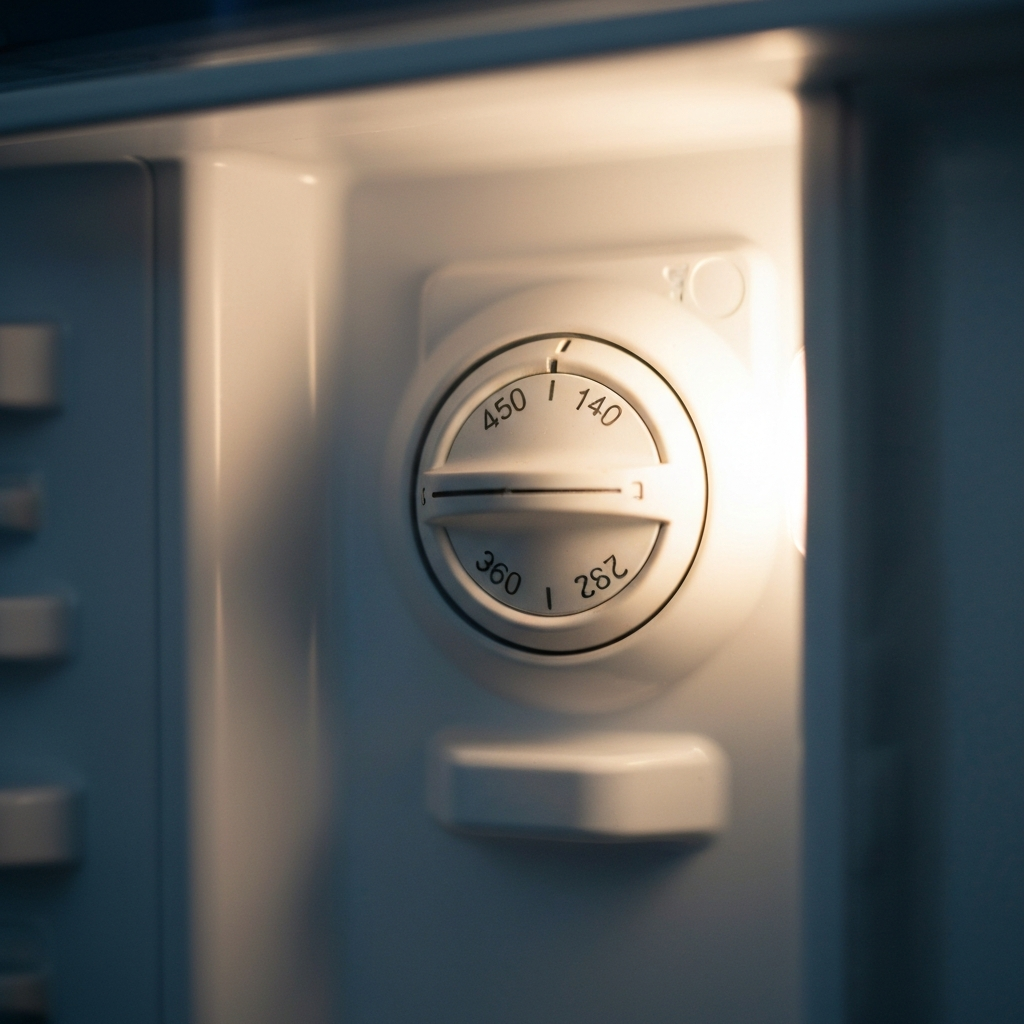 Close-up shot of a refrigerator thermostat dial inside the fridge, illuminated by the fridge's internal light. The dial is slightly worn, showing signs of use. Soft focus on the background.