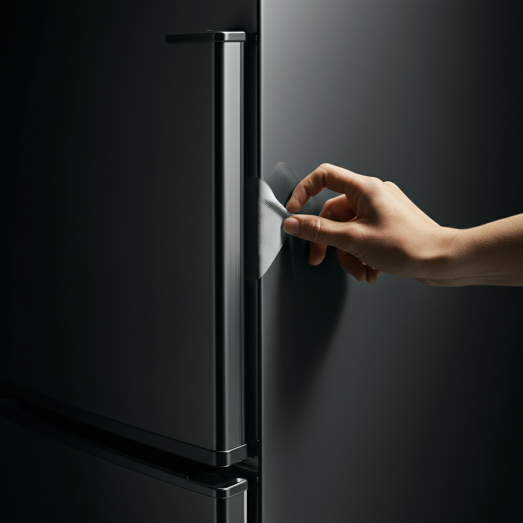 A person's hand running along the rubber gasket of a refrigerator door. The light is diffused, showcasing the texture of the rubber and the tight seal against the refrigerator body.