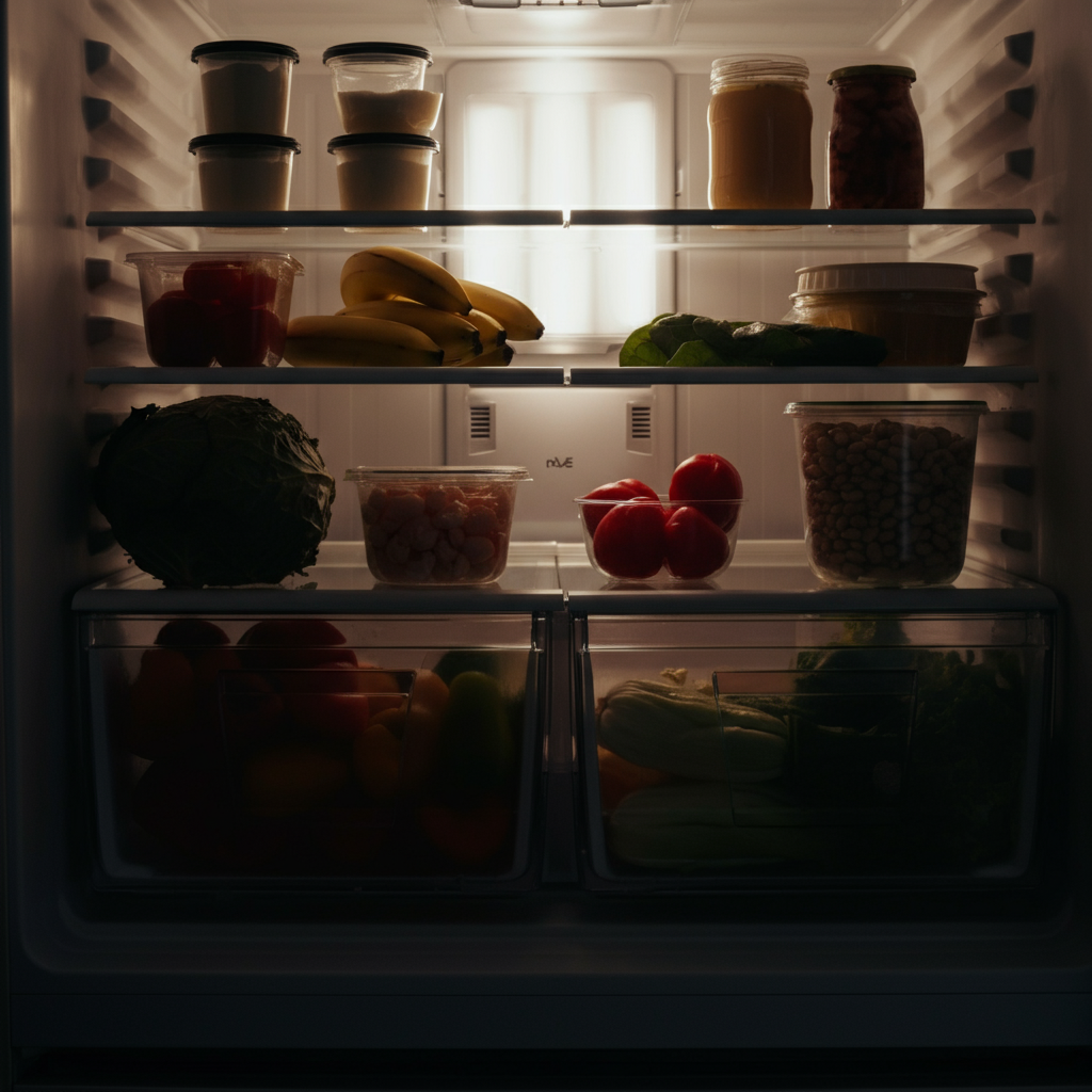 A well-organized refrigerator interior with strategically placed food items allowing for ample airflow. The lighting is bright and even, showcasing the freshness of the produce and arrangement of items.