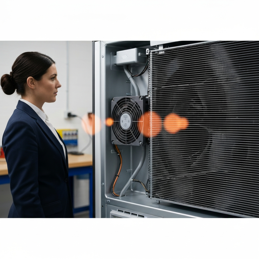 The back of a refrigerator, showing the condenser coils and condenser fan. Soft bokeh highlights the fan blades, illustrating its function in cooling the coils. The background is a clean, organized workshop.