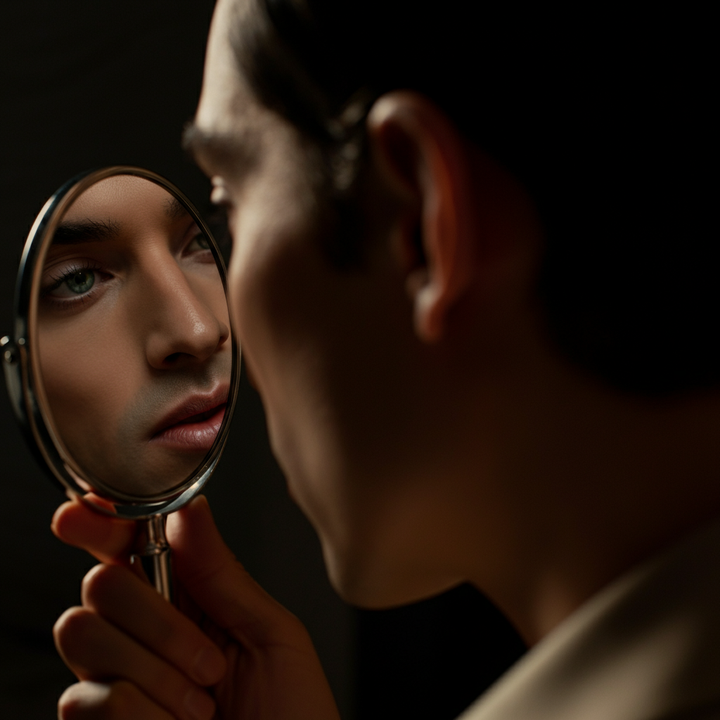 Close-up shot of a person looking in a handheld mirror, focusing on their lips. Soft, diffused lighting. Slight reflection of the person's eye in the mirror. Emphasis on lip texture.