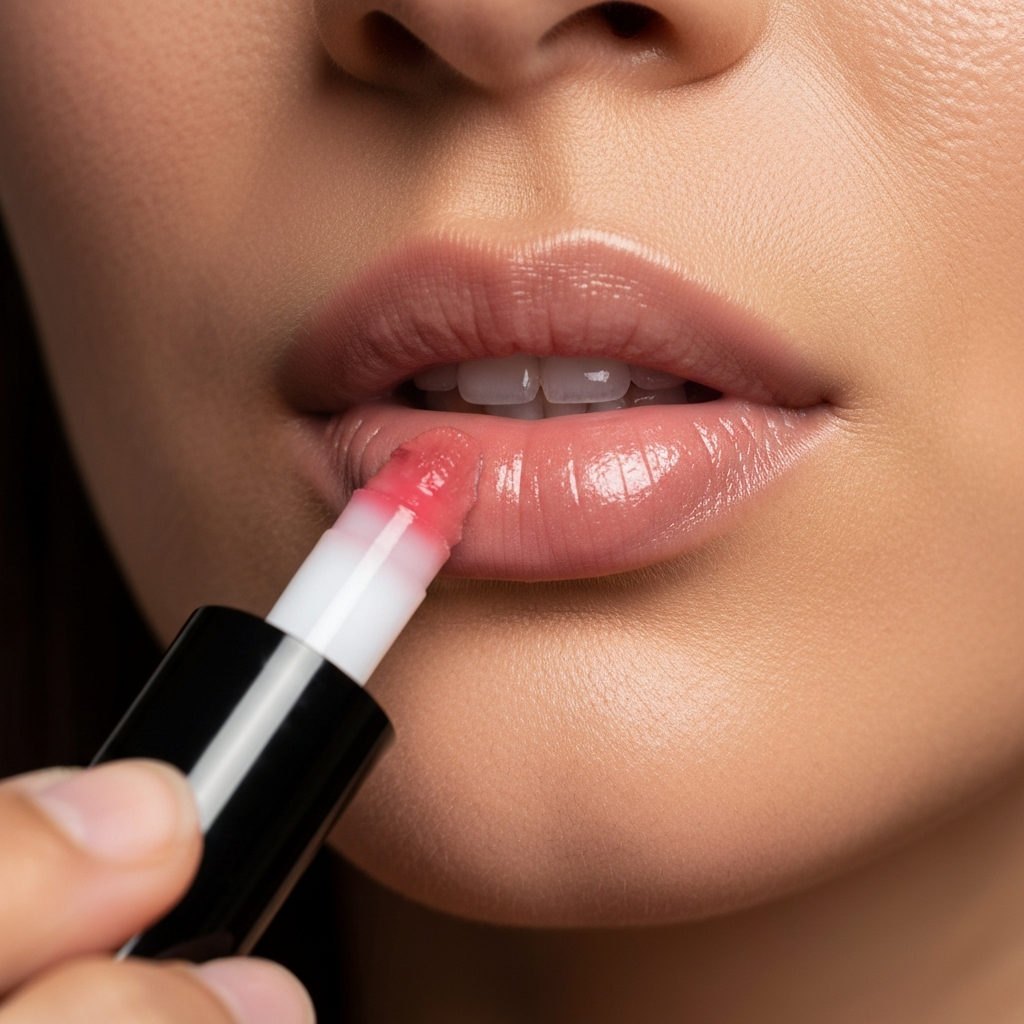 Close-up shot of a person with wide lips applying lip gloss in the center of their lower lip. Soft, natural lighting, highlighting the shine and texture of the gloss. Focus is on the center of the lips.