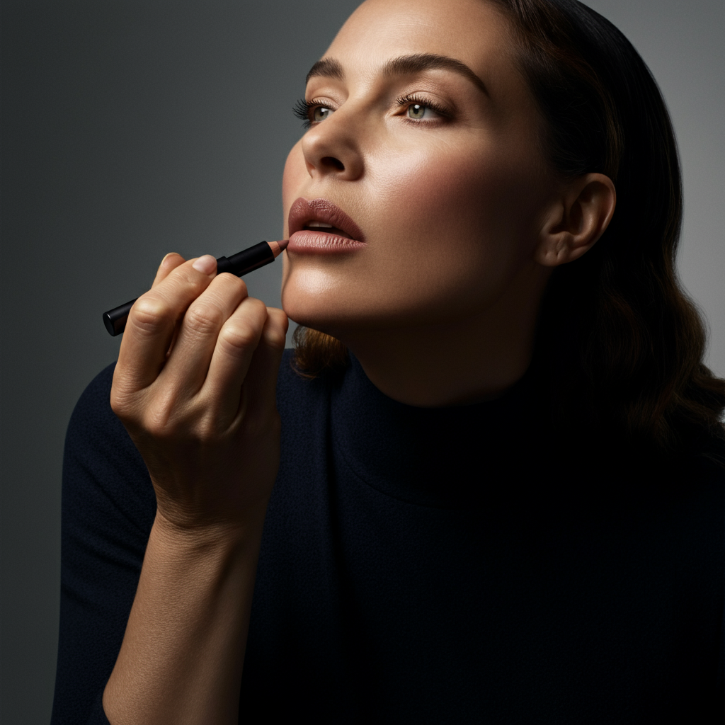 A woman with a fuller upper lip is carefully applying lip liner to her lower lip. The lighting is bright and focused, highlighting the precision of her hand movements. The background is clean and uncluttered.