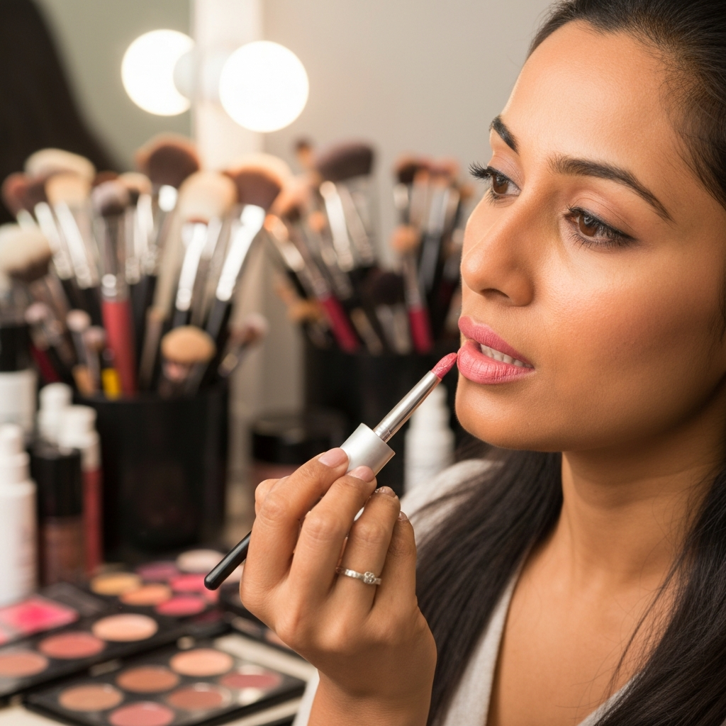 A person with narrow lips applying light pink lipstick with a lip brush. The lighting is bright and even, highlighting the color and texture of the lipstick. The background is a professional makeup artist's workspace.