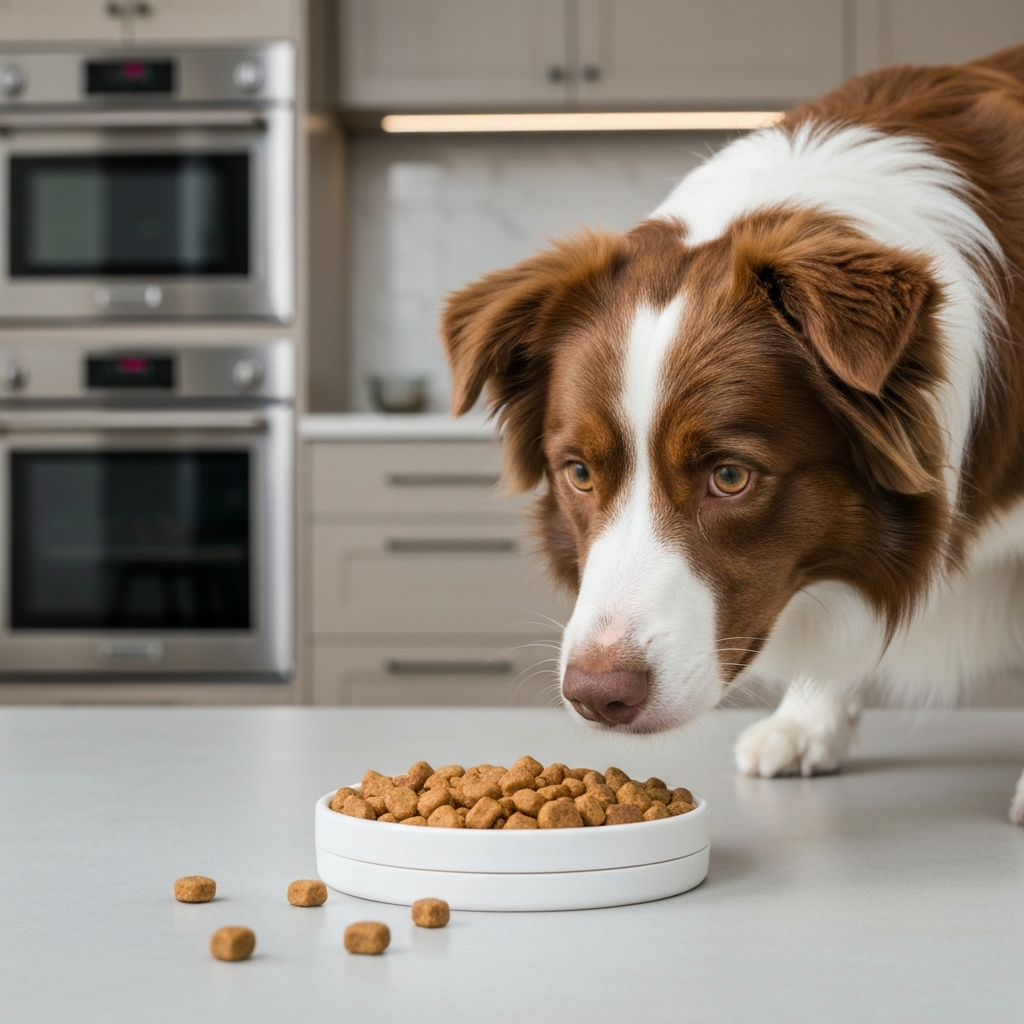 Close-up shot of a brown and white Border Collie intently focused on a puzzle toy filled with treats. The background is blurred, showcasing a modern kitchen with stainless steel appliances. The lighting is bright and even, highlighting the texture of the dog's fur and the intricate design of the puzzle toy.