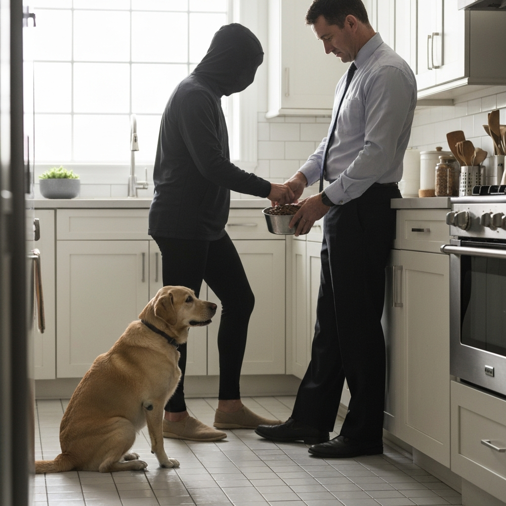 A medium shot of a man in business casual attire preparing a bowl of dog food in a clean, bright kitchen. A Labrador Retriever sits patiently at his feet. The light is diffused, creating a soft and inviting atmosphere. Emphasis on the calm and organized environment.