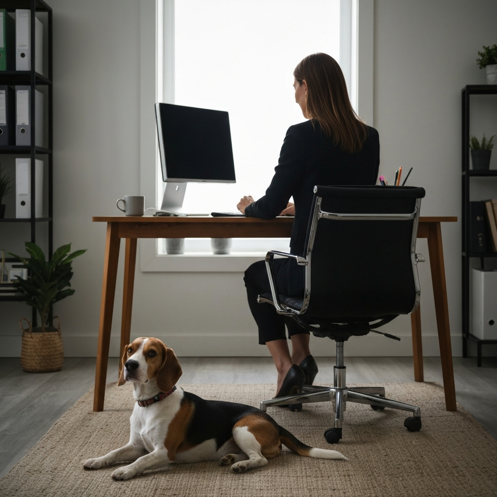 A woman working at a desk in a home office, with her back slightly turned to a beagle that is lying quietly on a nearby rug. The office is well-organized and bathed in soft, natural light. Focus is on the calm interaction and the quiet independence of the dog.