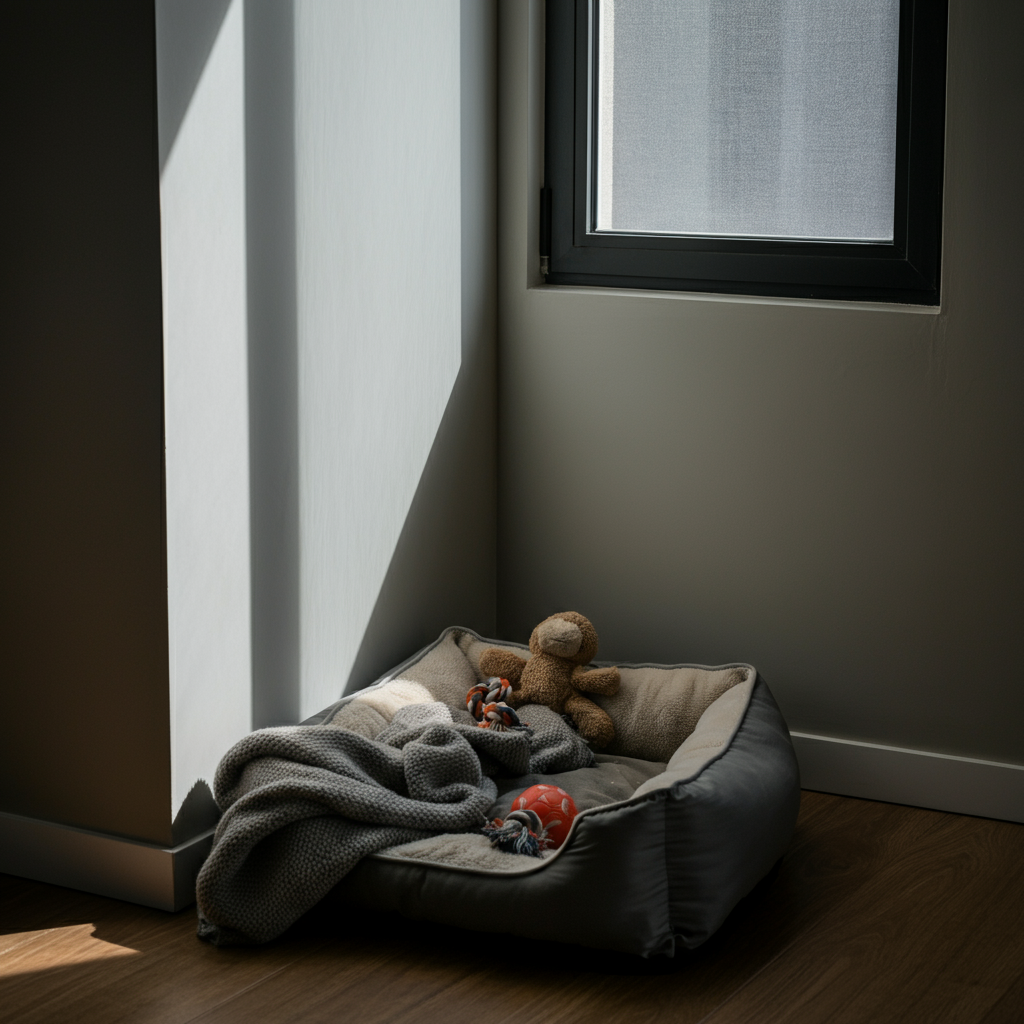 A well-lit corner of a living room featuring a comfortable dog bed with soft blankets and a few favorite toys. A small window provides natural light, creating a cozy and inviting atmosphere. Focus on the textures and colors of the bedding and toys.