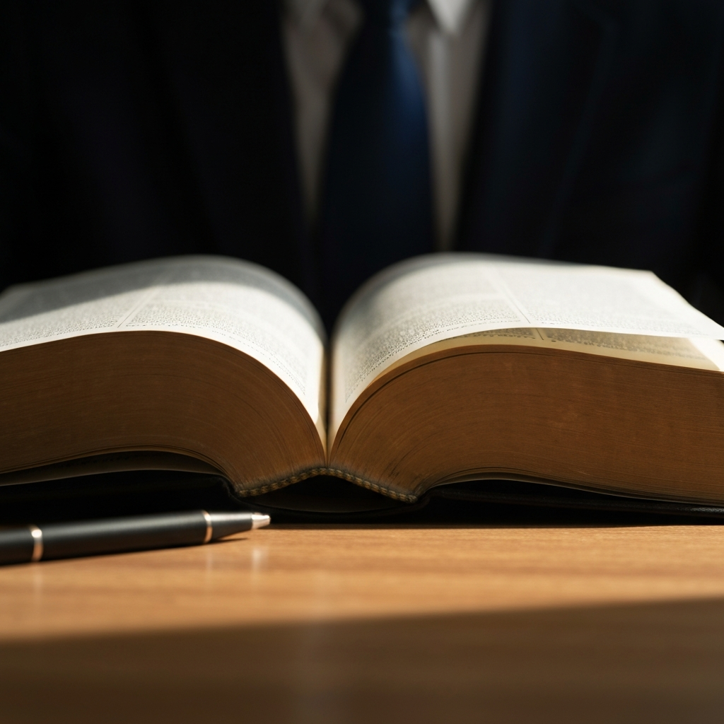 Close-up of an open Bible resting on a wooden table, illuminated by soft, warm light. The pages are slightly worn, and a simple pen lies beside the book. The focus is on the texture of the paper and the subtle grain of the wood.