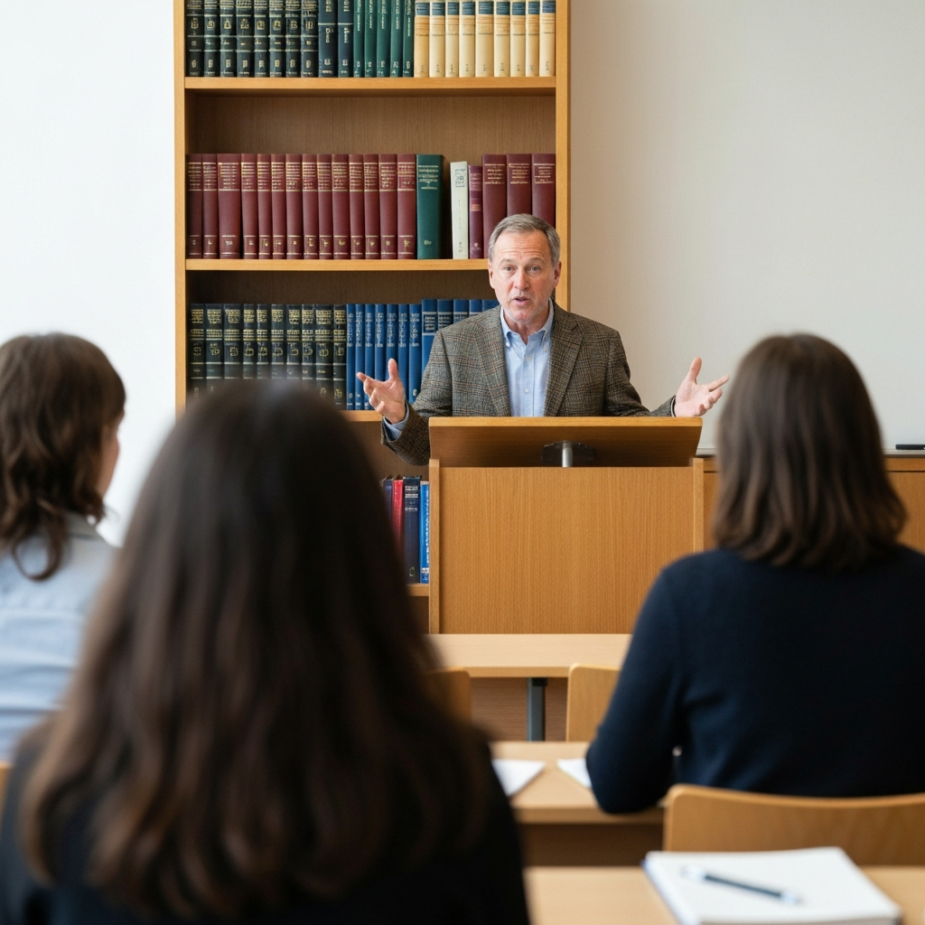 A professor stands at a lectern in a well-lit classroom, gesturing with his hands while discussing biblical interpretation. He's wearing a professional tweed jacket, and the background features bookshelves filled with theological texts. Soft focus on the students in the foreground.