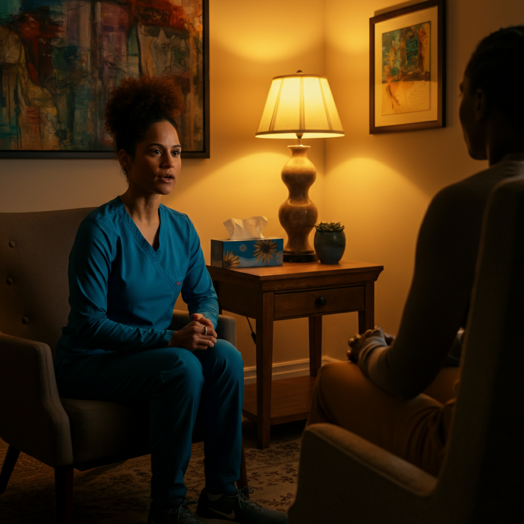 A therapist sits in a comfortable chair facing a client. The lighting is warm and inviting, and the therapist is leaning forward attentively, listening. A box of tissues is visible on a small table nearby. The room is decorated with calming artwork.