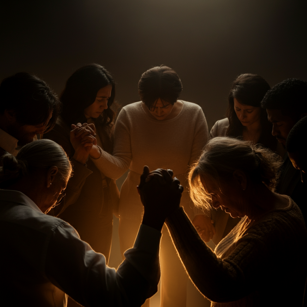 A group of people are gathered in a circle, holding hands and praying together. The lighting is soft and warm, creating a sense of intimacy and community. Their faces are filled with hope and serenity.