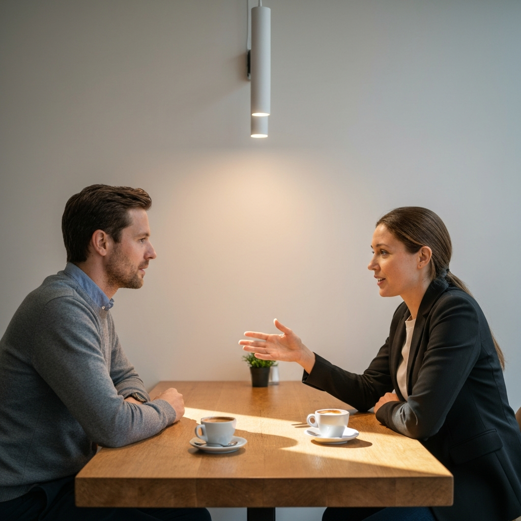 Two people sitting across from each other at a cafe table, engaged in a conversation. The lighting is warm and inviting, highlighting the textures of the wooden table and the espresso cups. One person is leaning forward, actively listening, while the other is speaking with a gentle expression.
