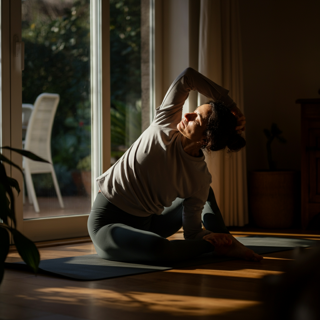 A person practicing yoga in a sunlit room. The light is soft and diffused, highlighting the person's serene expression and the textures of the yoga mat and clothing. The background is a blurred view of a peaceful garden.