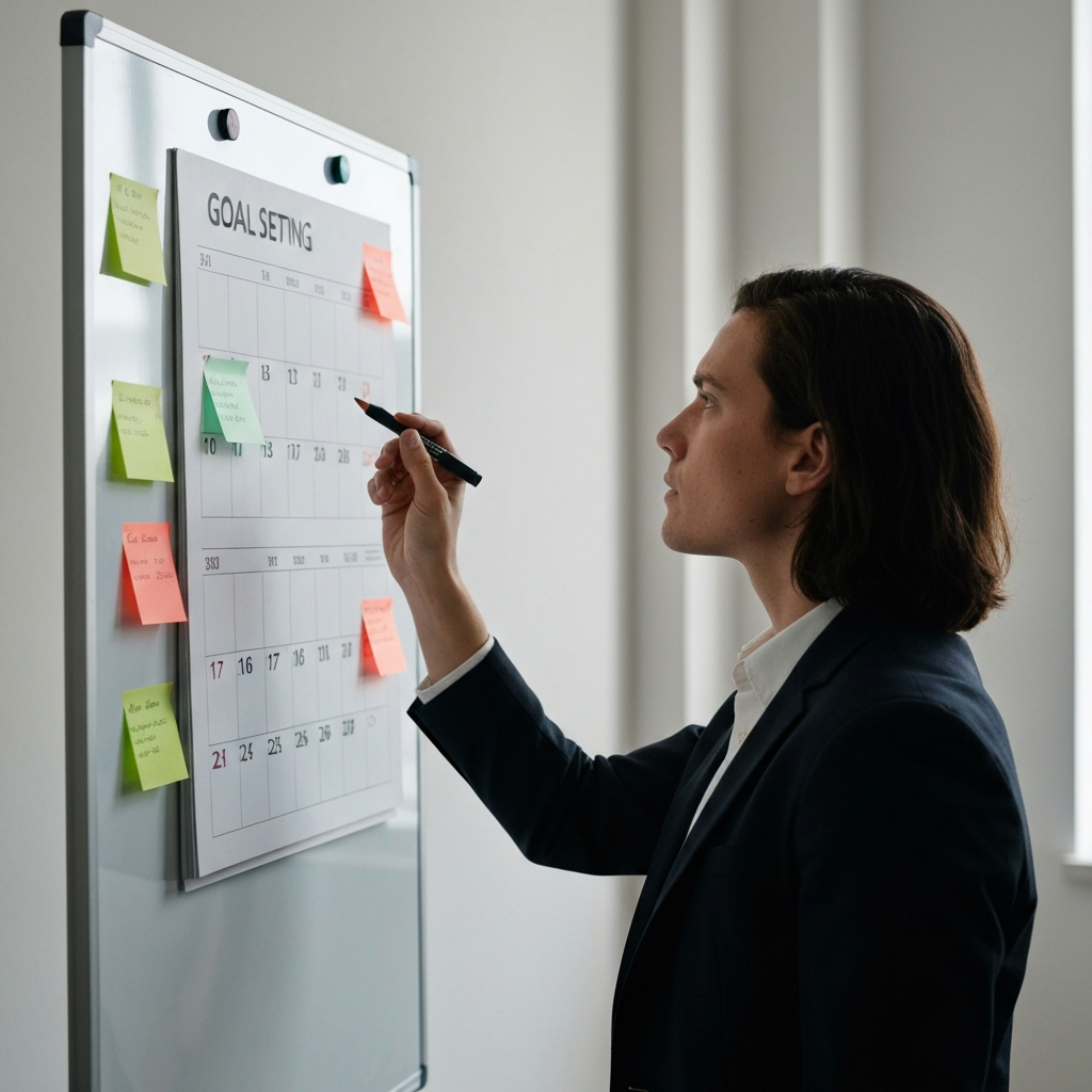 A person looking at a goal-setting whiteboard, with a calendar and sticky notes. The lighting is bright and motivational, highlighting the vibrant colors of the whiteboard markers and the determined expression on the person's face.