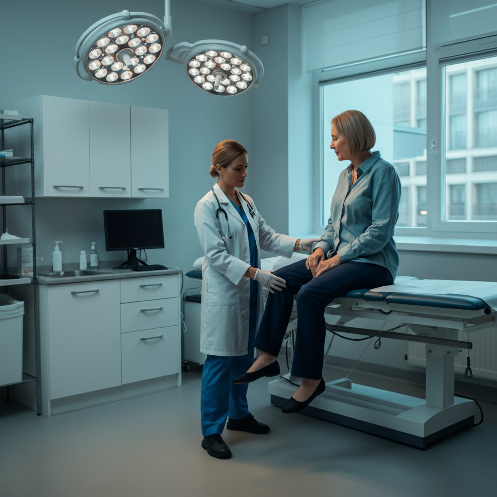 A doctor examining a patient's knee in a brightly lit clinic. The doctor is wearing a white coat, and the patient is sitting on an examination table. Focus on the interaction between them and the professional environment.