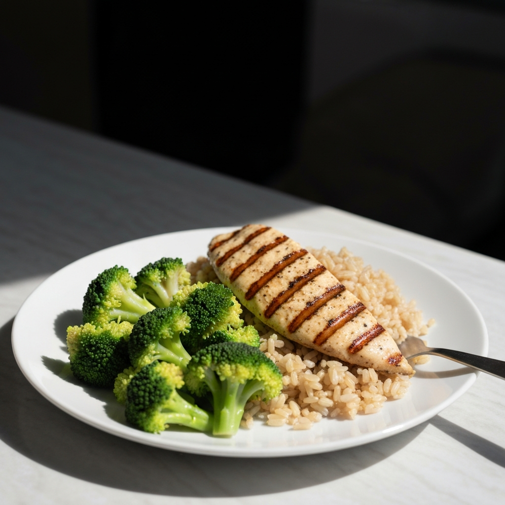 A close-up shot of a healthy meal consisting of grilled chicken, brown rice, and steamed broccoli. The food is arranged aesthetically on a white plate, with natural light highlighting the vibrant colors.