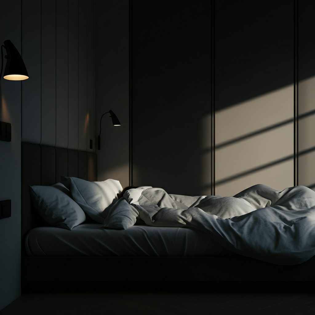 A person sleeping peacefully in a dimly lit bedroom. The focus is on the comfortable bedding and the serene atmosphere, suggesting relaxation and rest.