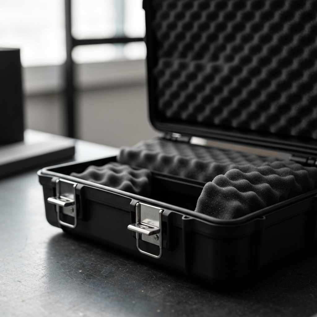 Close-up of a brand new, black hard-sided pistol case resting on a workbench under diffused overhead lighting. The case is partially open, revealing dense foam padding inside. The focus is sharp on the textured surface of the case and the metallic clasps.
