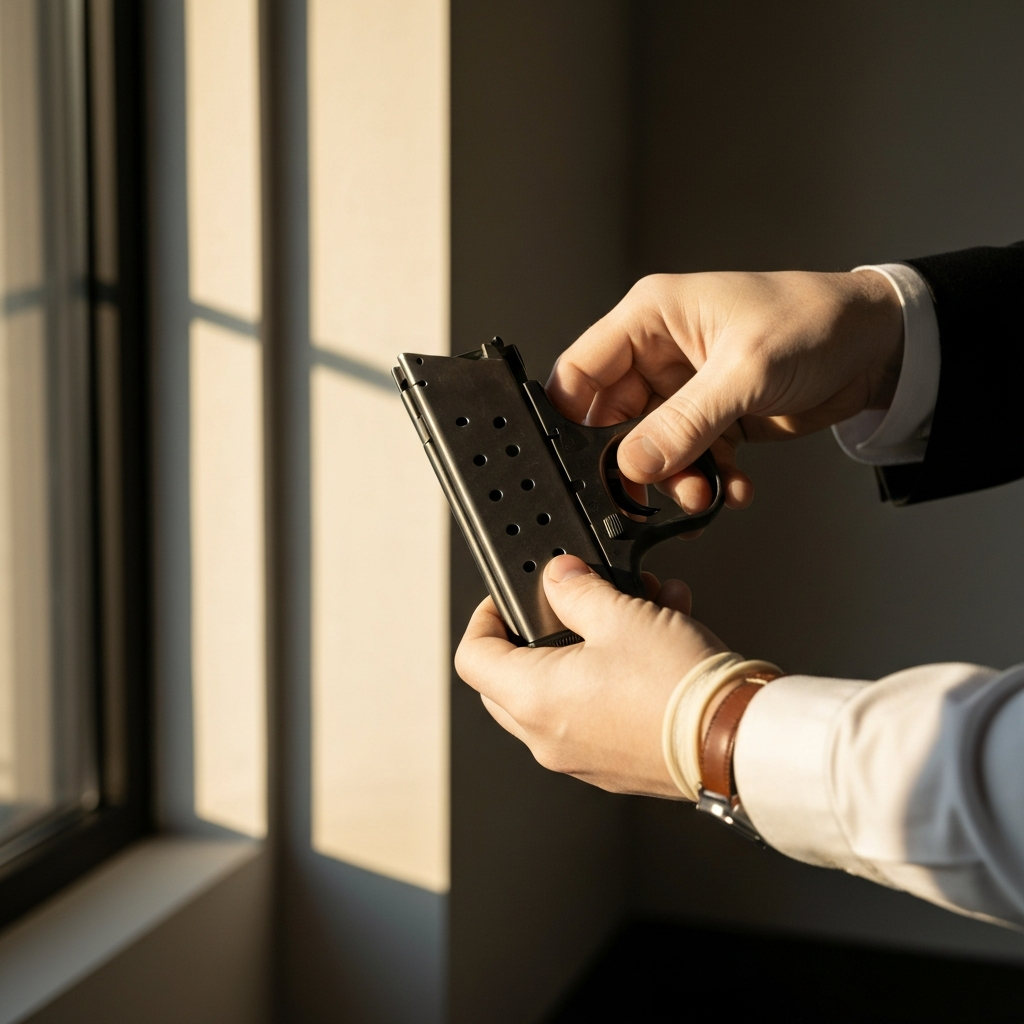 A close-up of a person's hands (wearing non-reflective gloves) carefully removing a magazine from a semi-automatic pistol. Soft golden hour lighting streams in from a nearby window, side-lighting the metallic components of the firearm.