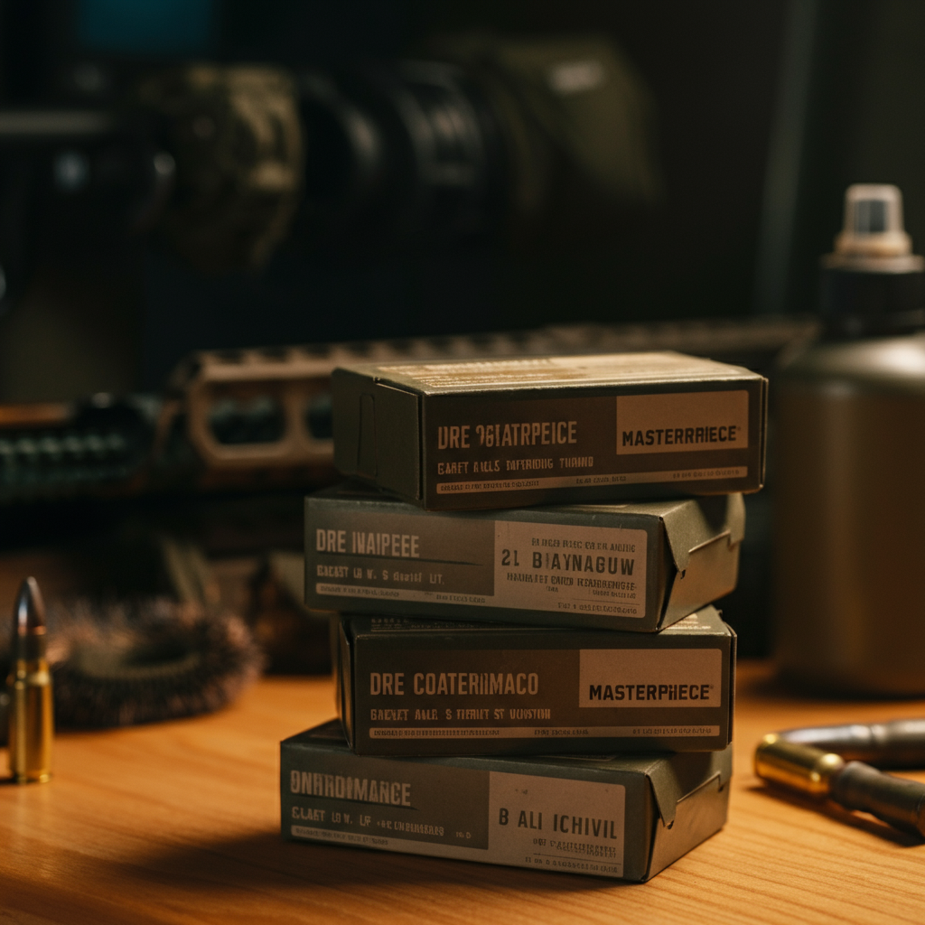 A stack of unopened boxes of ammunition on a clean wooden surface, with soft-focus bokeh of gun cleaning supplies in the background. The ammo boxes are neatly arranged and well-lit, emphasizing the labeling and cardboard texture.