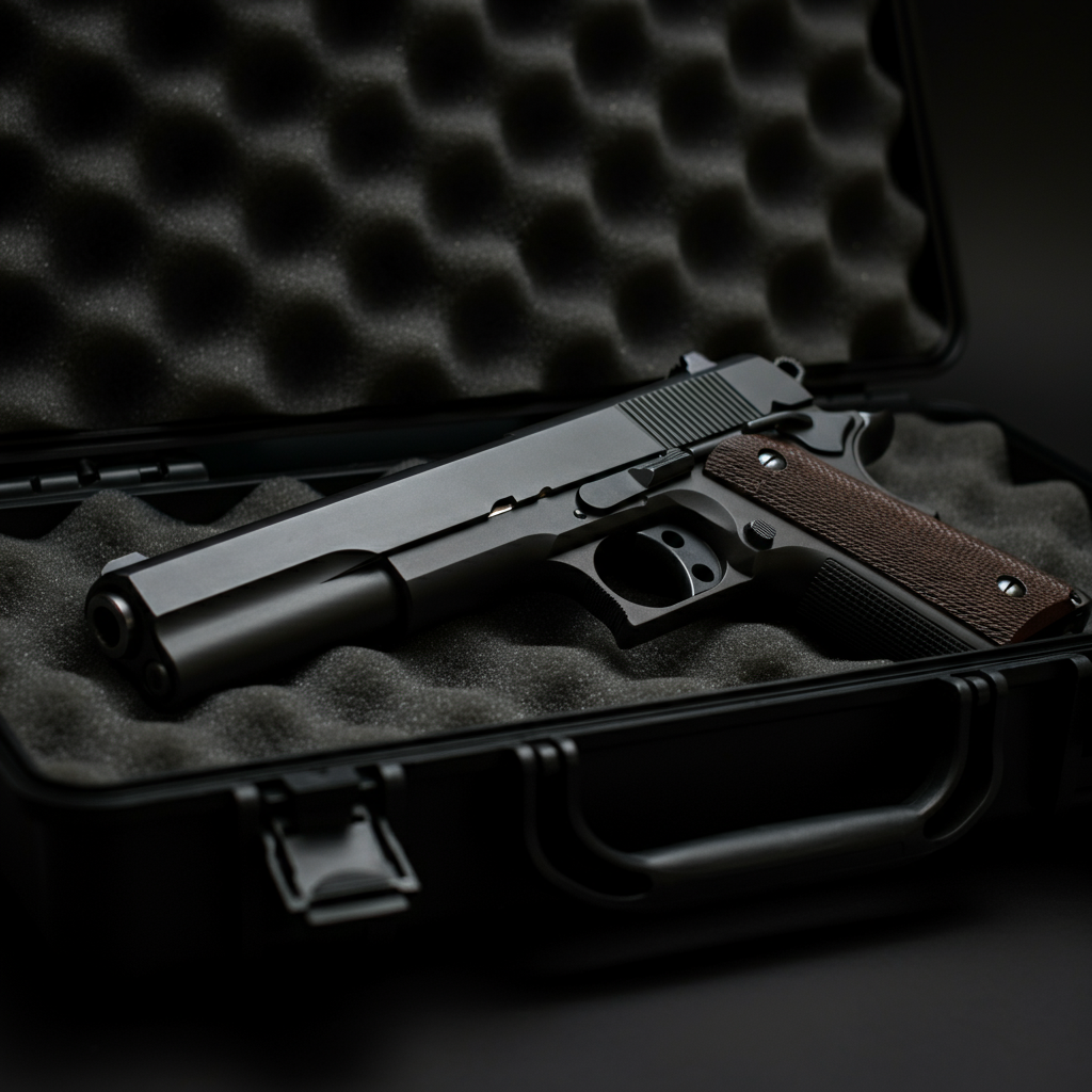 A medium shot of a hard-sided case interior. The firearm and ammunition are secured with dense foam padding. The foam is dark gray, and the metallic sheen of the firearm and ammunition is visible under soft, diffused light.