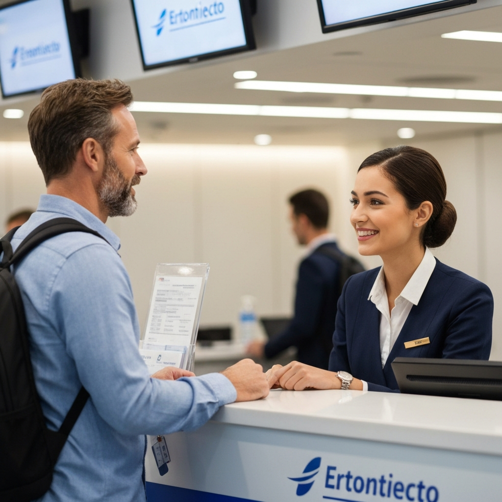 A well-dressed traveler stands at an airline ticket counter, interacting with a friendly and professional airline agent. Soft, even lighting illuminates the scene, highlighting the interaction and the airline branding.
