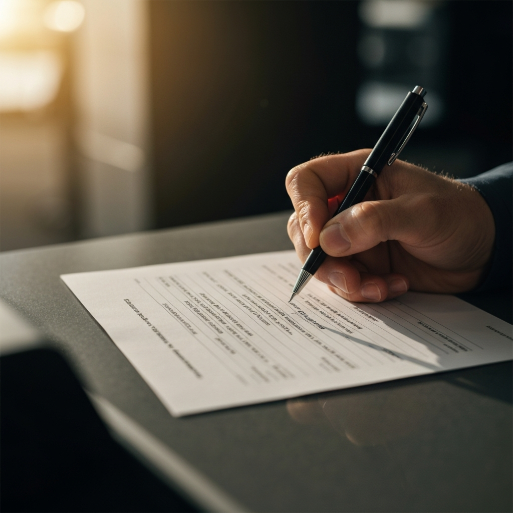 A close-up of a hand holding a pen, filling out a firearm declaration form at an airport counter. The form is crisp and clean, and the writing is legible. Soft, diffused light highlights the details of the form.