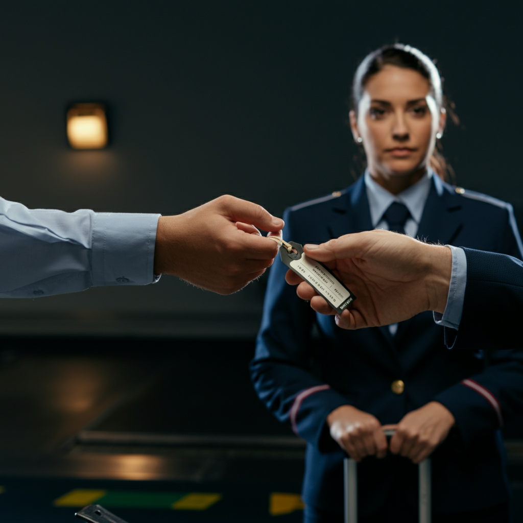 An airline agent hands a passenger a baggage tag, with a TSA agent standing nearby in the background, observing with a neutral expression. The scene is well-lit, emphasizing the professional atmosphere and efficient process.