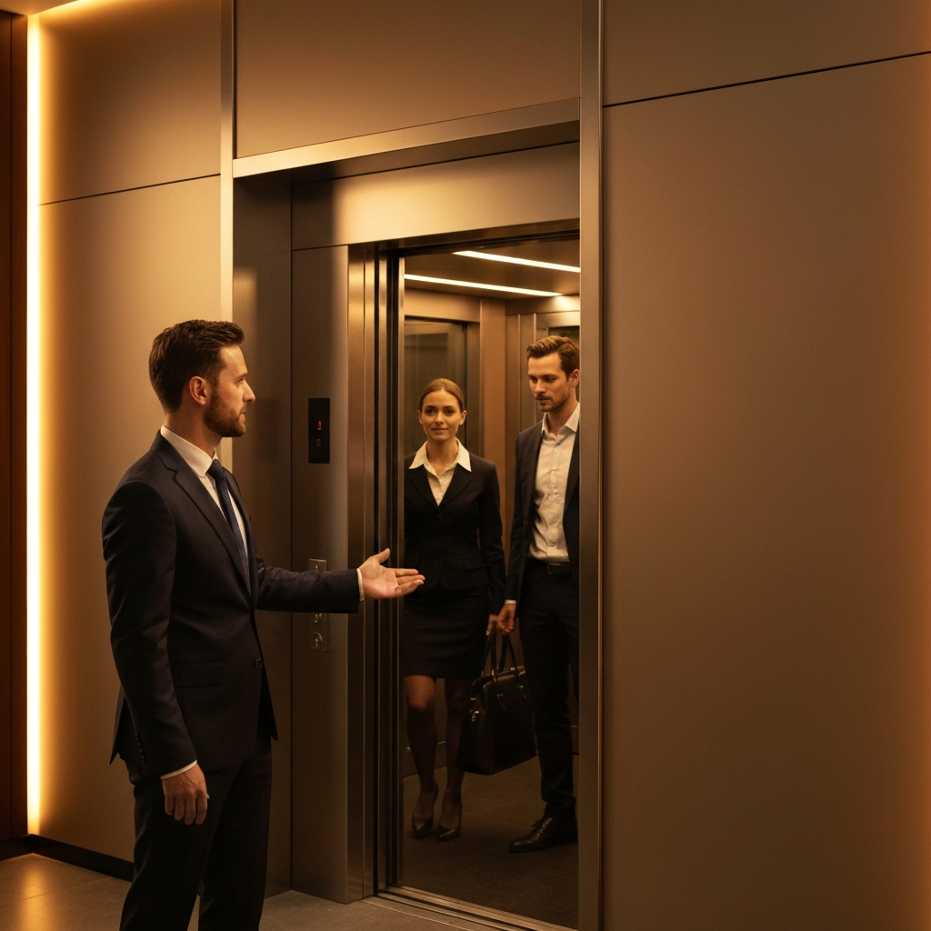 Wide shot of a modern elevator lobby with warm, ambient lighting. A professionally dressed individual is gesturing politely toward the open elevator doors, while two other individuals exit the car with neutral expressions.