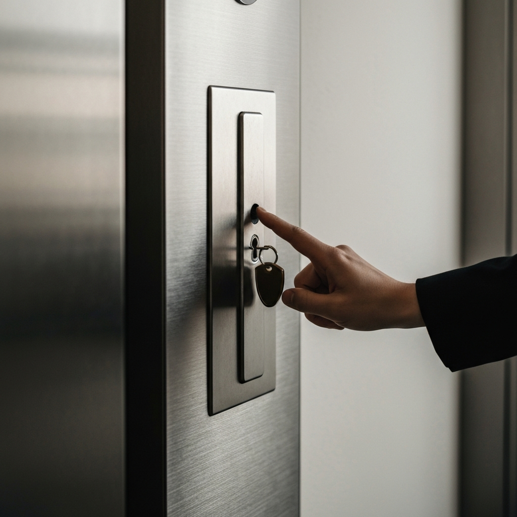 Close-up shot of an elevator control panel with a brushed metal finish. A hand is reaching towards a small, rectangular door with a keyhole, side-lit to emphasize the metallic texture.