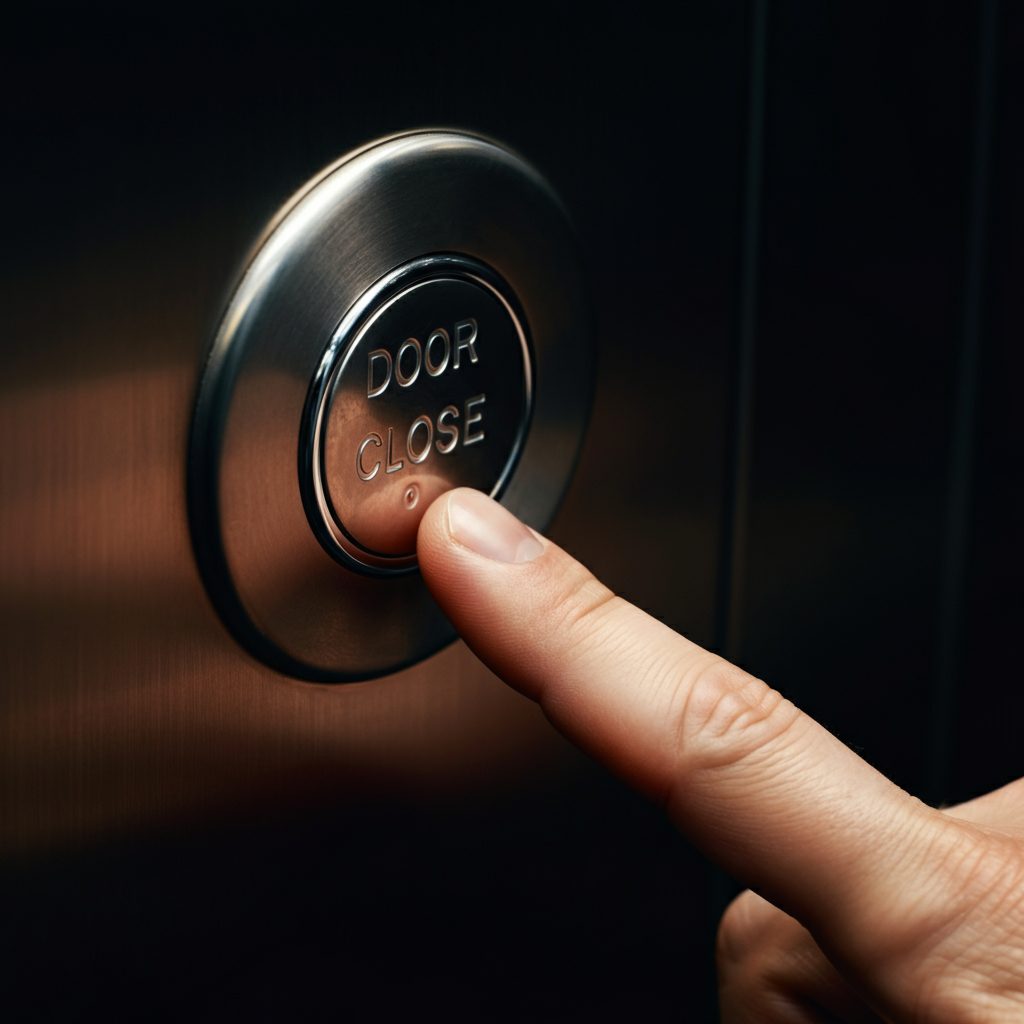 A close-up shot of a finger pressing a "Door Close" button in an elevator, showcasing the button's texture and the surrounding brushed steel panel. Soft bokeh in the background.