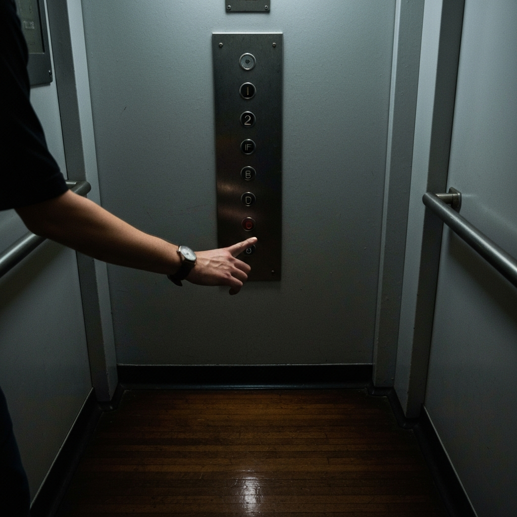 Medium shot inside an elevator car, showing a hand selecting a floor button. The selected button is brightly lit, contrasting with the unselected buttons which are dimly lit or unlit. Natural light coming from the top of the elevator shaft.