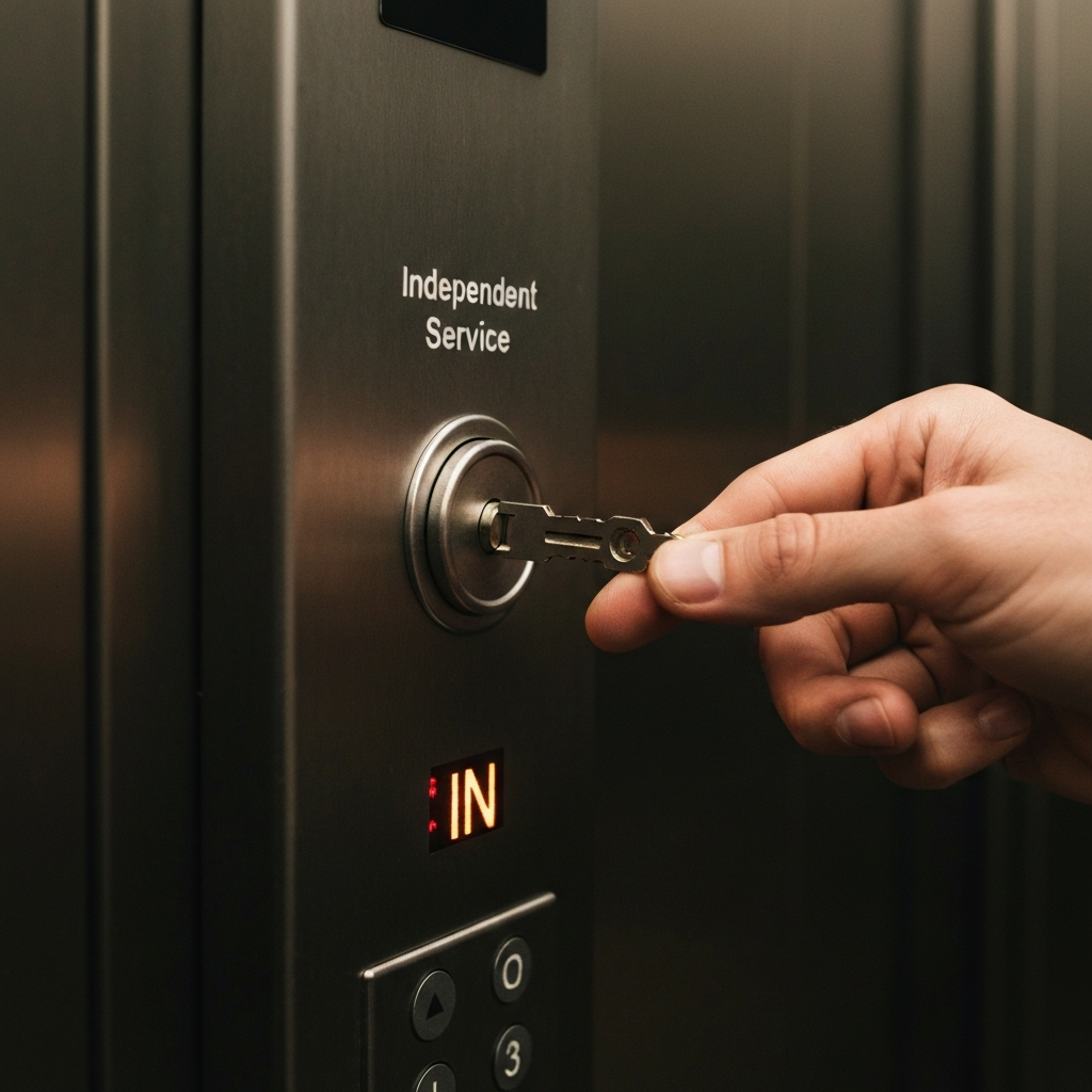 Medium shot inside an elevator car, focusing on the hand turning the key in the "Independent Service" switch back to the "OFF" position. The "IN" indicator on the floor display is no longer illuminated.