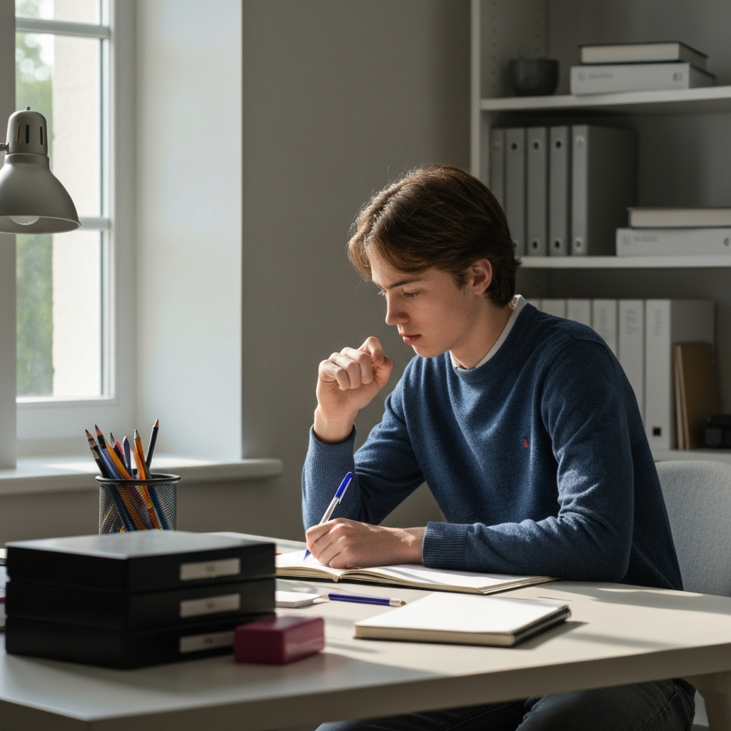 A teen sitting at a desk with a notebook and pen, deep in thought. The desk is neatly organized with school supplies. Natural light streams in from a window, illuminating the teen's focused expression.