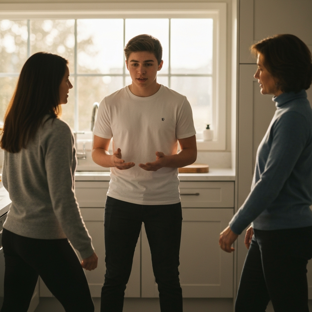 A teen standing in front of their parents in the kitchen, calmly explaining something. The kitchen is clean and well-lit, with natural light coming through the window. Focus on the facial expressions and body language of everyone in the scene, conveying a sense of open communication.