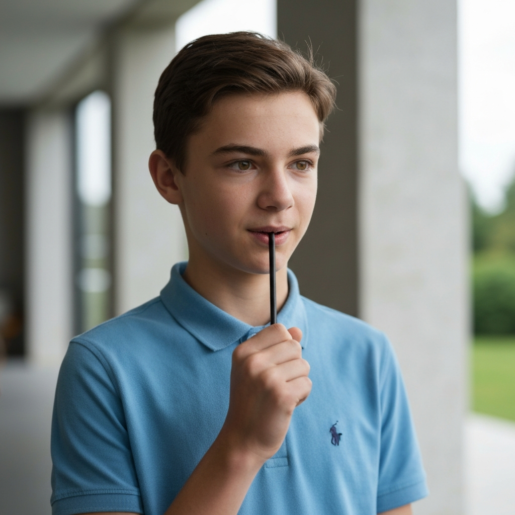 A teen taking a deep breath, maintaining a calm and composed demeanor while speaking to their parents. The background is slightly blurred, focusing attention on the teen's facial expression and posture, conveying respect and self-control.