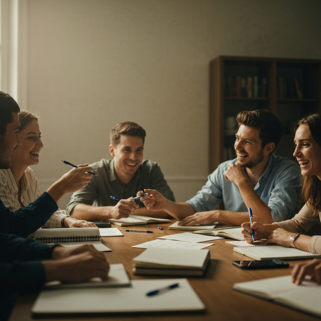 A group of young adults sits around a table littered with notepads and pens, engaged in an animated discussion. Soft, warm lighting fills the room, creating a relaxed and collaborative atmosphere. One person gestures with a pen as another laughs.