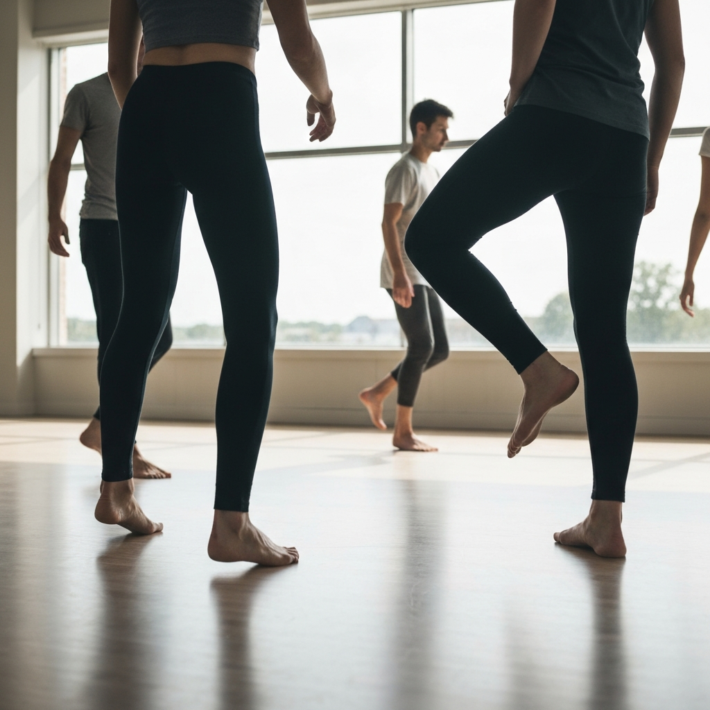 A small group of shufflers practicing together in a brightly lit dance studio. Natural light streams through large windows, highlighting the dust motes dancing in the air. The focus is on their feet, moving quickly and precisely. The scene features full, modest athletic wear.