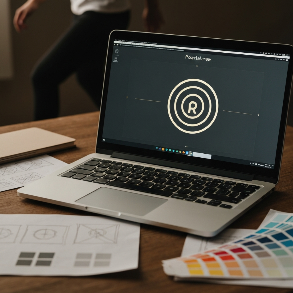 A close-up of a laptop screen displaying a potential crew logo design. The lighting is soft and focused, highlighting the details of the design. Around the laptop are design sketches and color swatches.