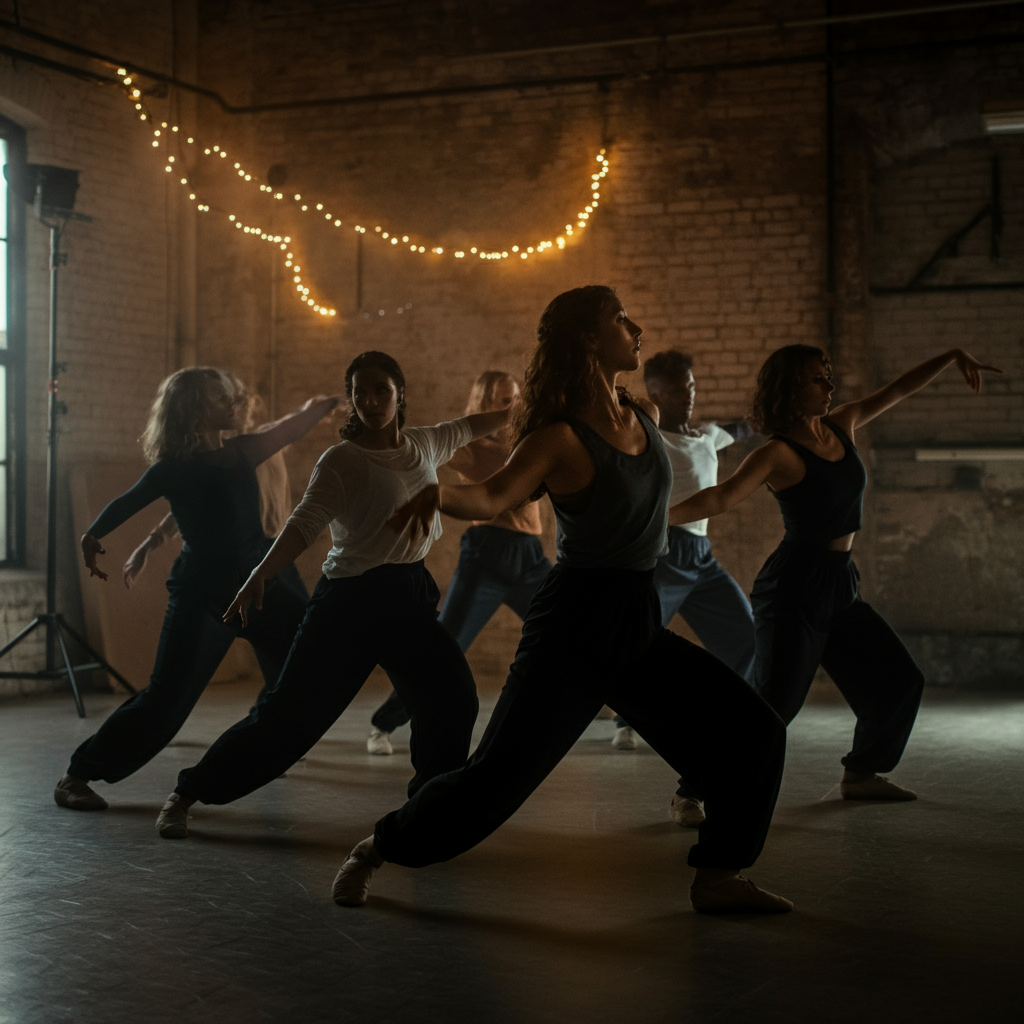 A dance crew practices in a dimly lit warehouse with exposed brick. String lights cast a warm glow, creating a moody atmosphere. The dancers are arranged in a circle, focused and attentive.